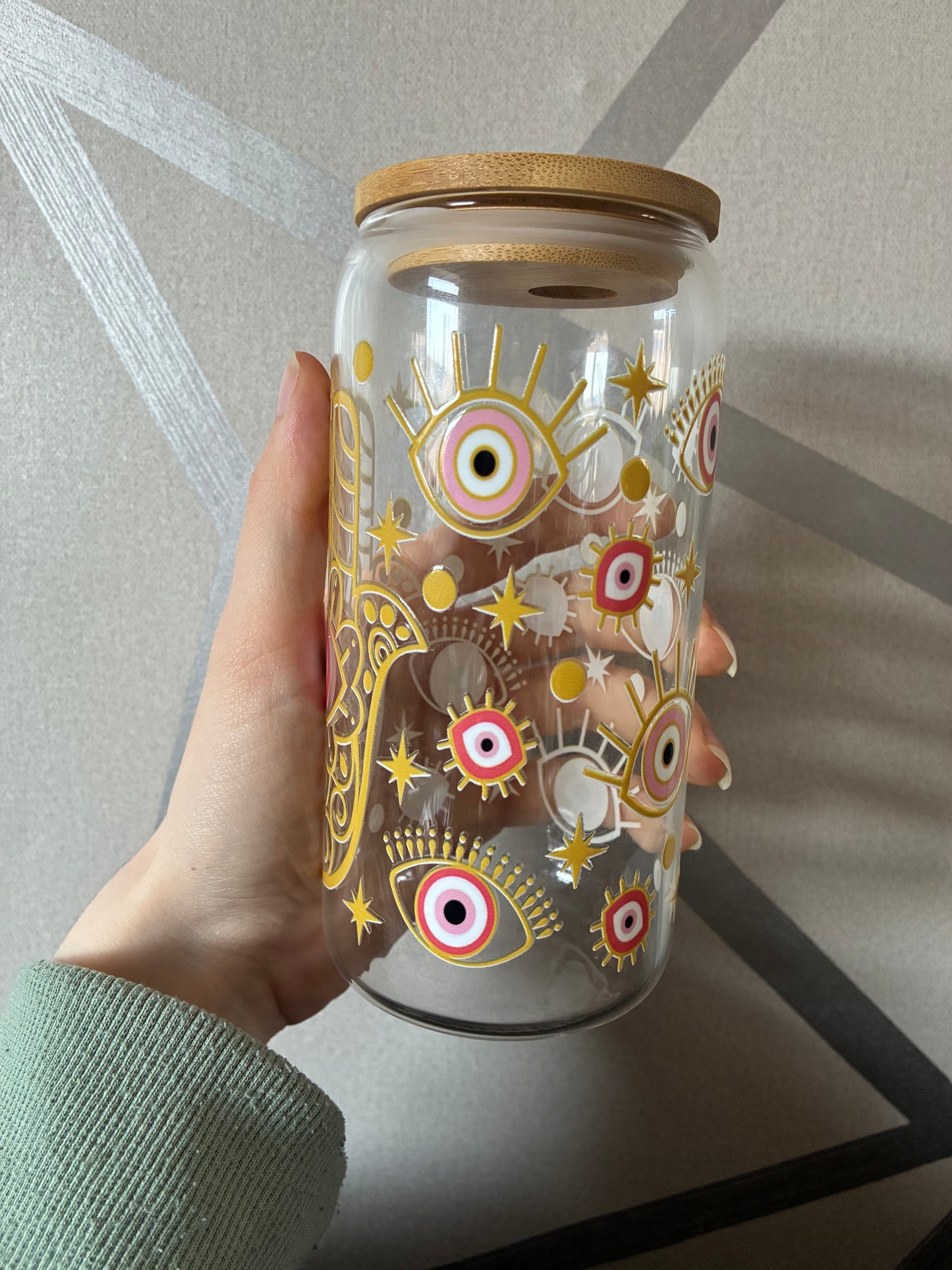 Pink evil eye 16oz glass can