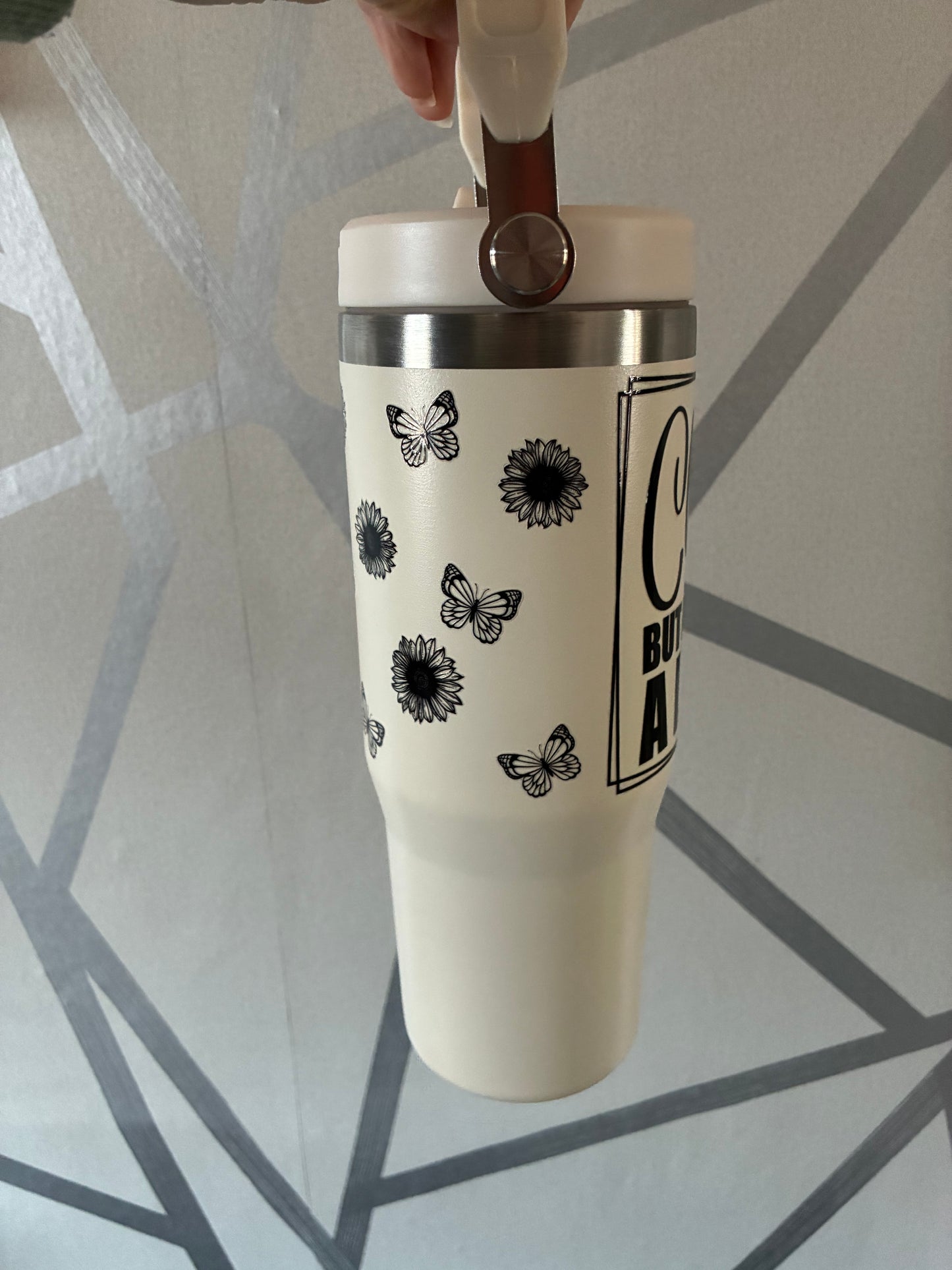 Cream 30oz insulated tumbler with handle and straw classy but I cuss a little