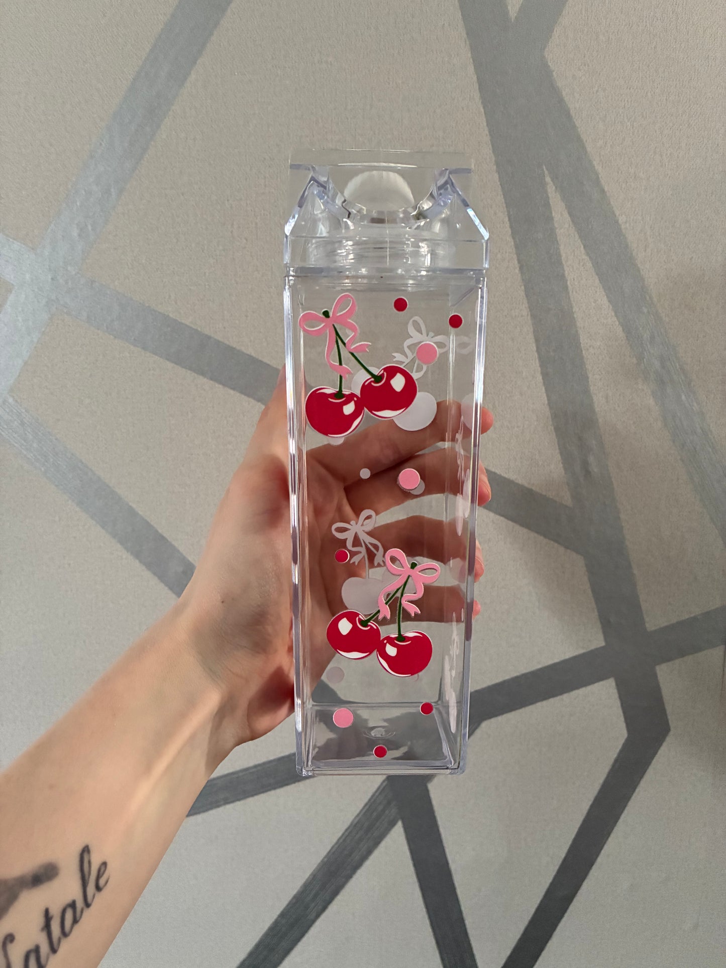 Cherries milk carton water bottle