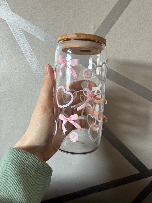 Bows and pearls 16oz glass can