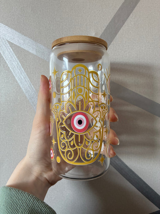 Pink evil eye 16oz glass can