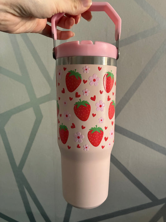 Pink strawberry 30oz insulated tumbler with straw