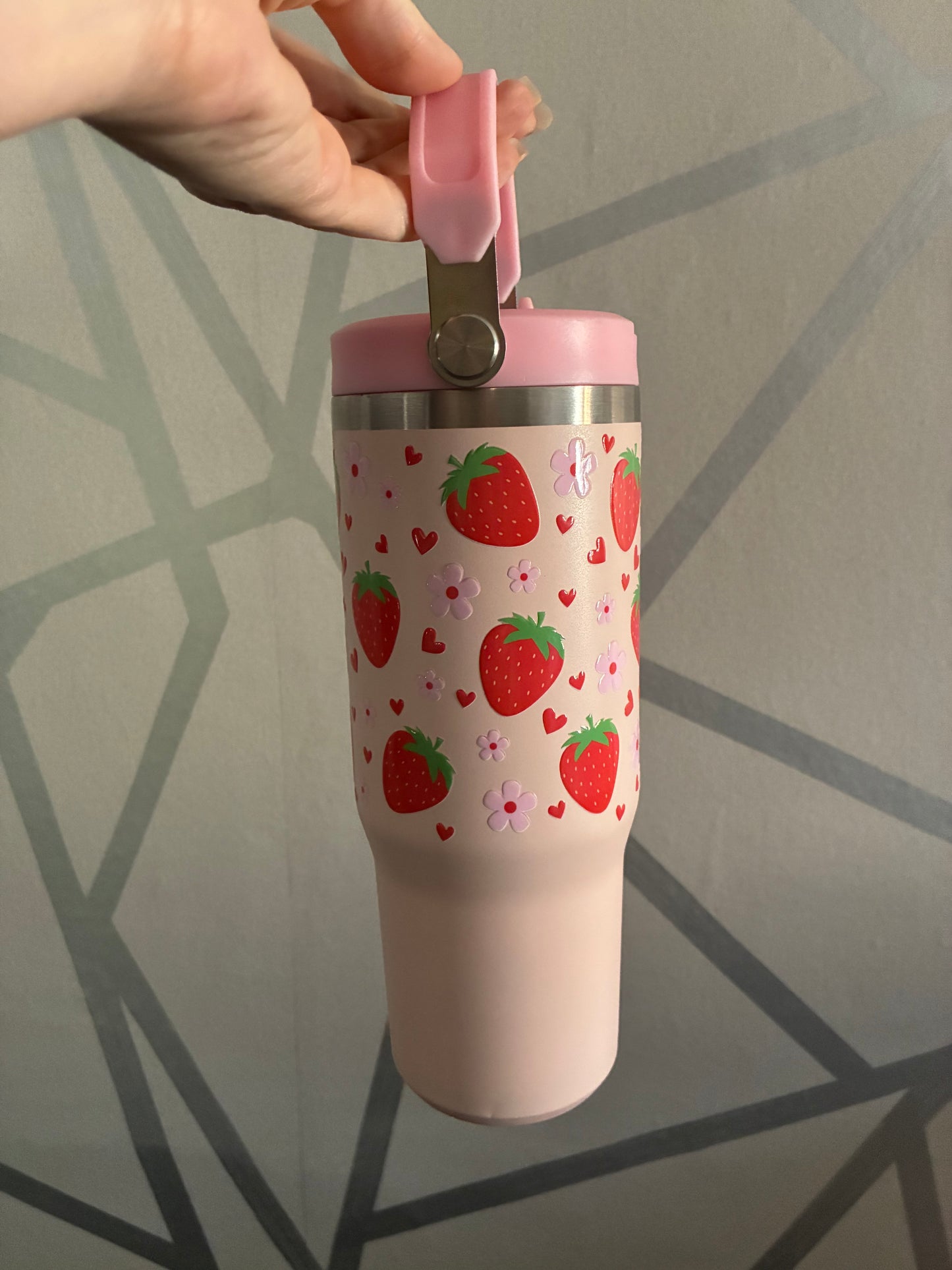 Pink strawberry 30oz insulated tumbler with straw