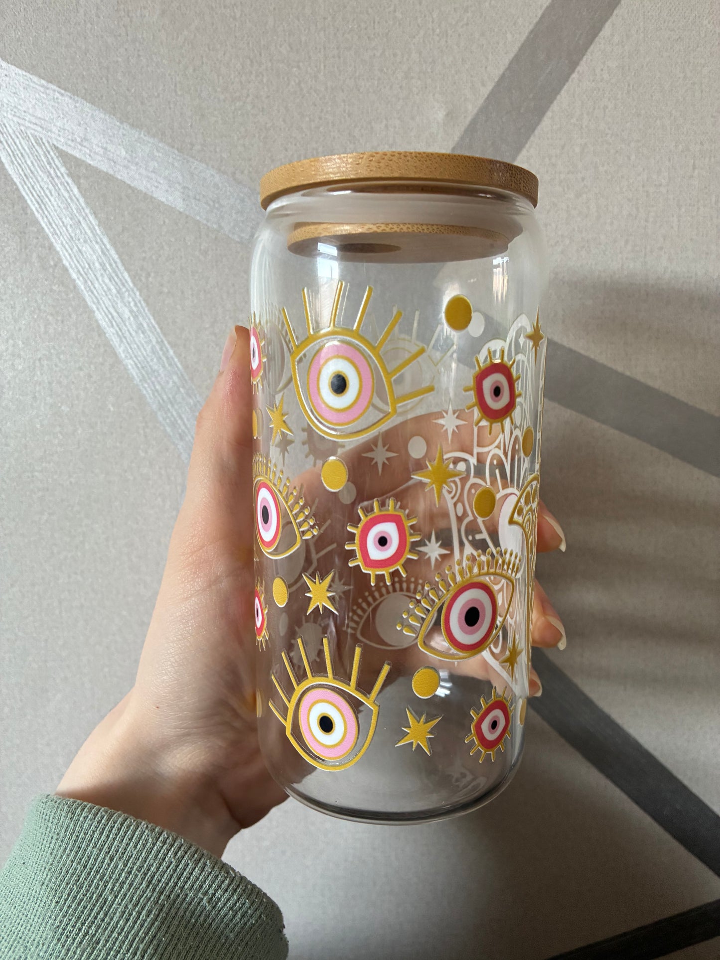 Pink evil eye 16oz glass can