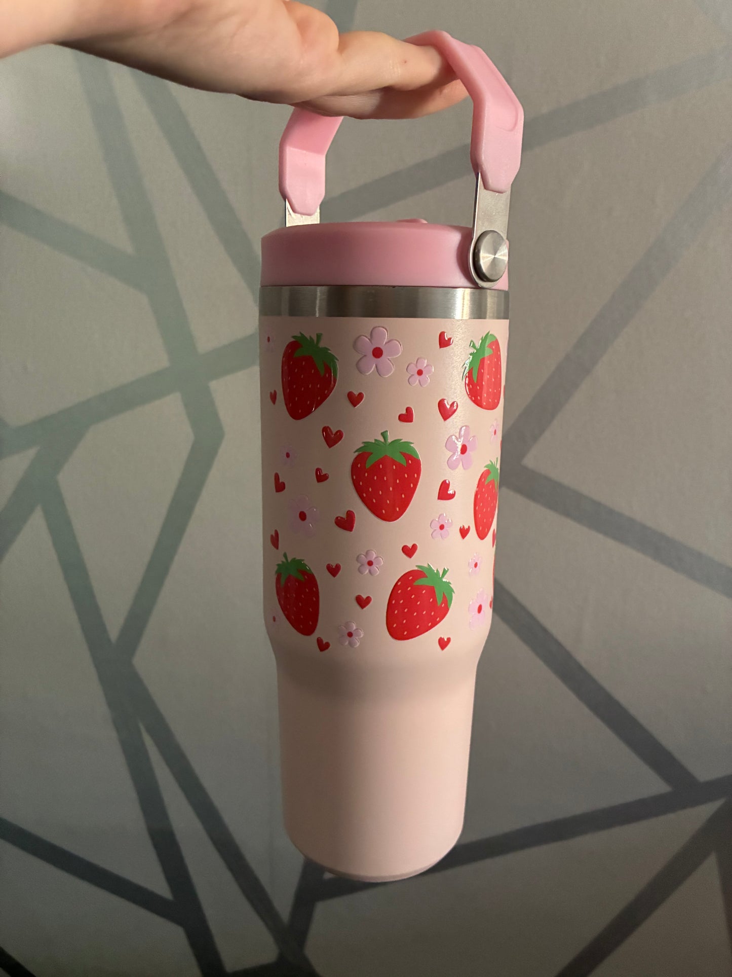 Pink strawberry 30oz insulated tumbler with straw