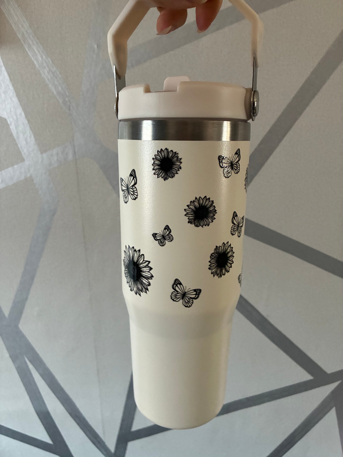 Cream 30oz insulated tumbler with handle and straw classy but I cuss a little