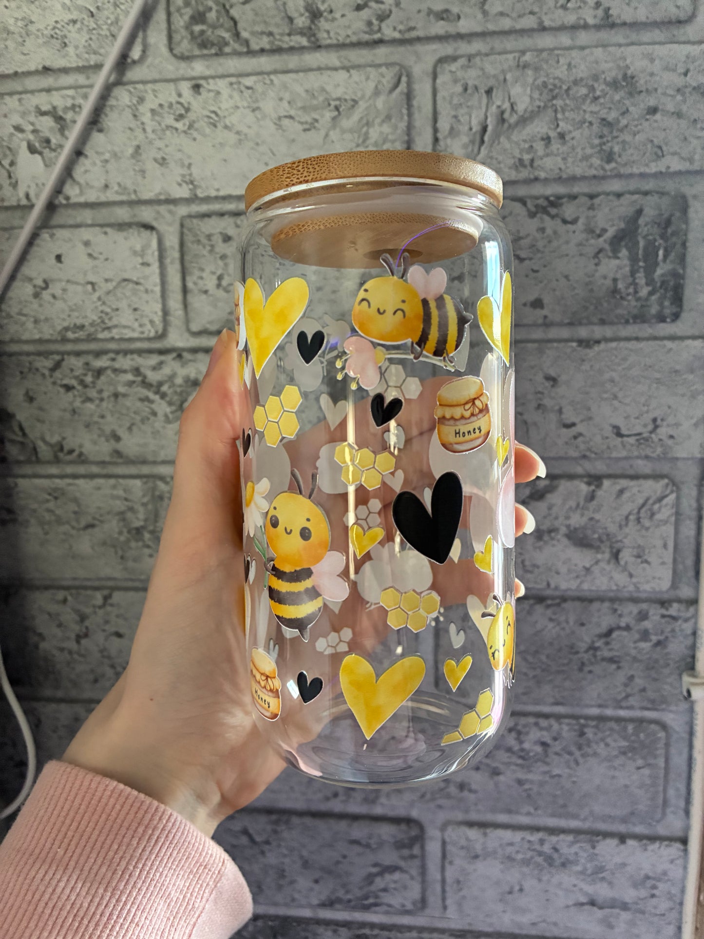 Cute bee 16oz glass can