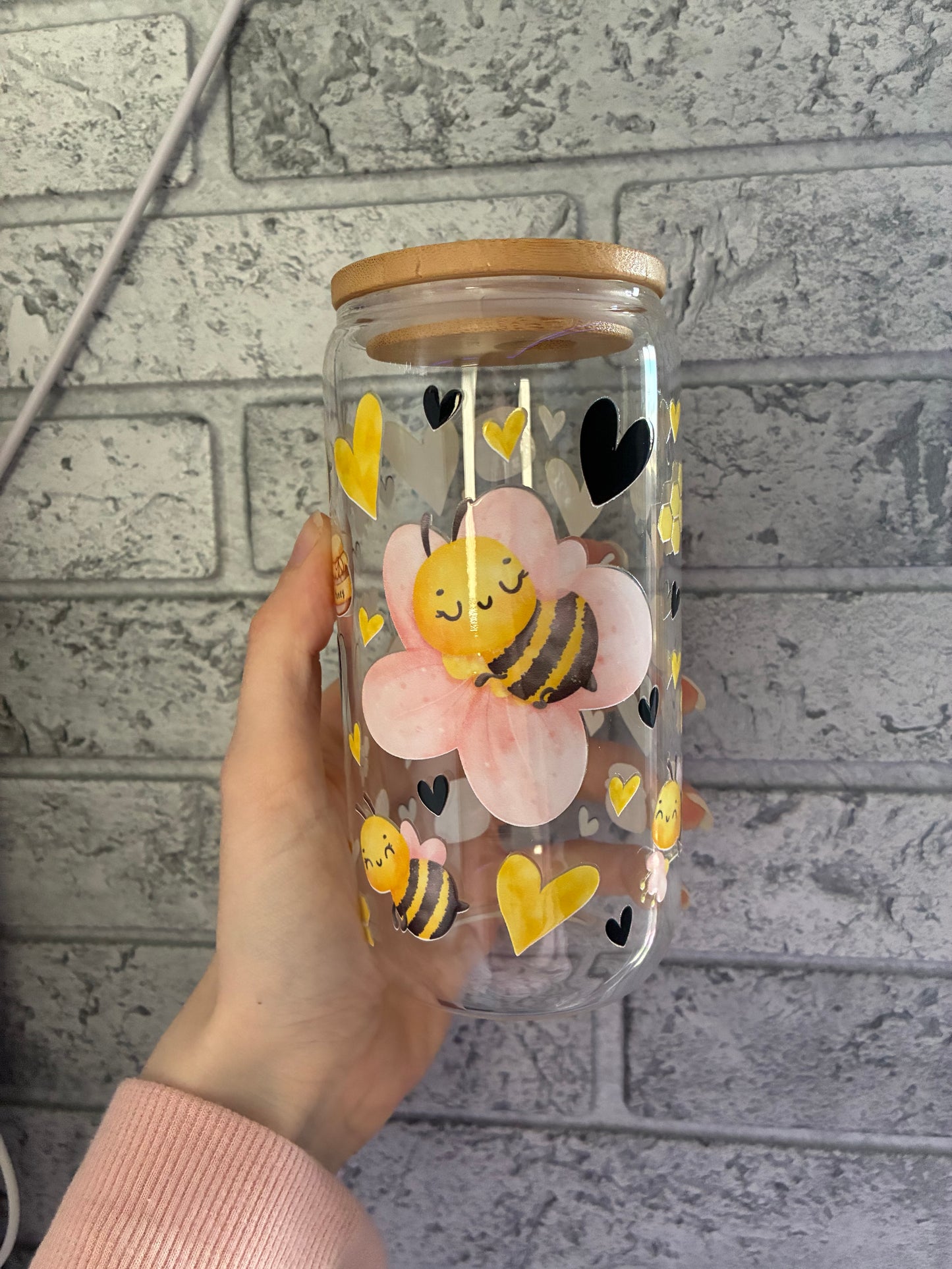 Cute bee 16oz glass can