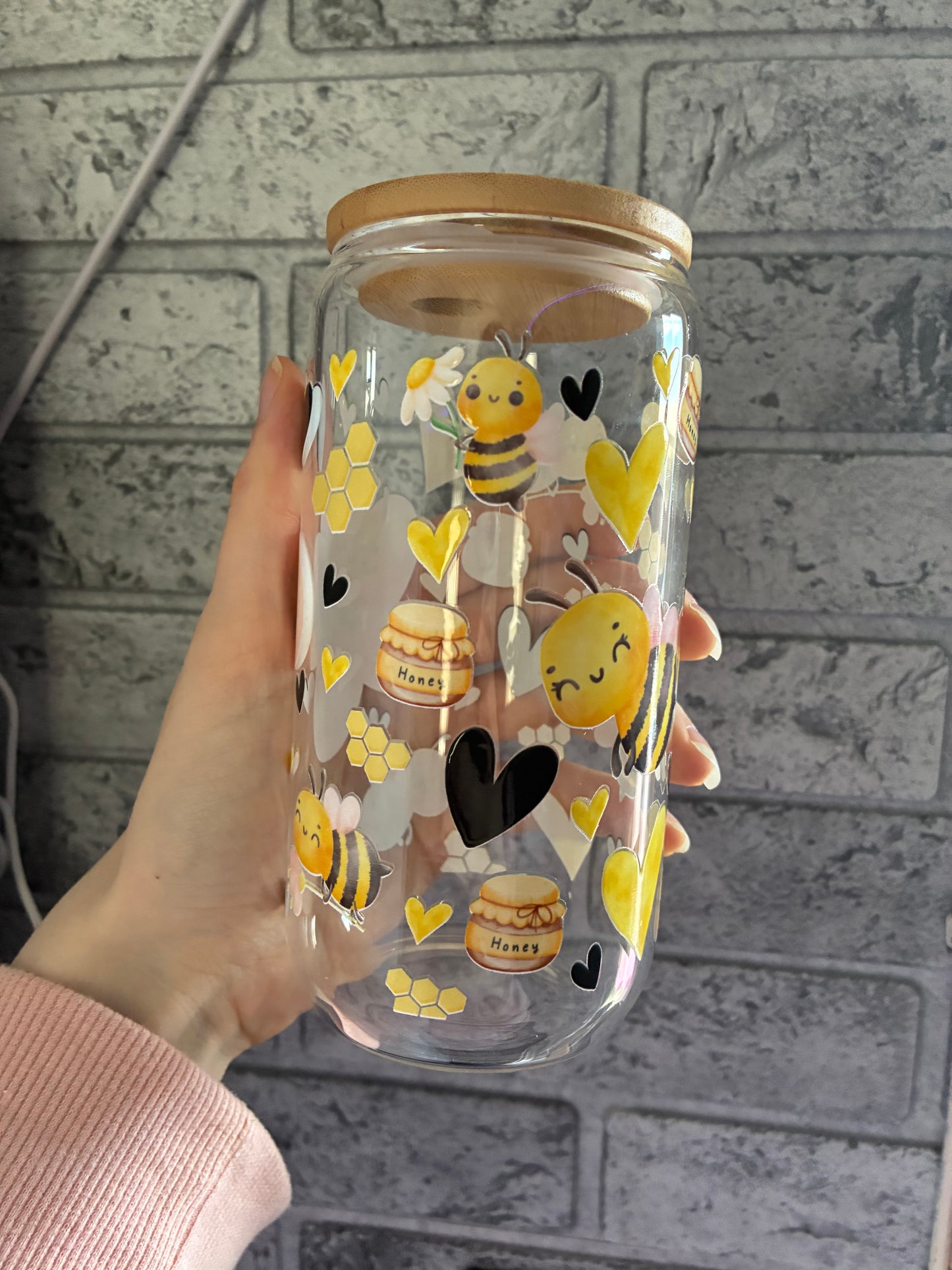 Cute bee 16oz glass can
