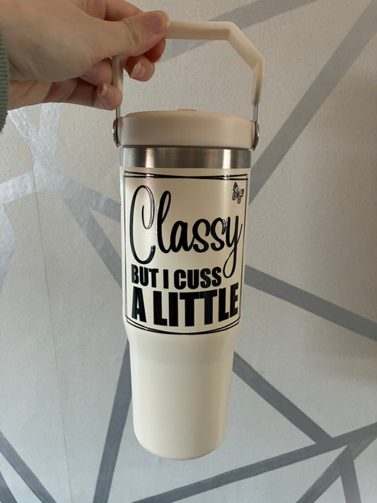 Cream 30oz insulated tumbler with handle and straw classy but I cuss a little