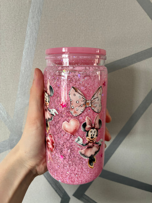 Pink 16oz (12oz inside) snowglobe Minnie Mouse plastic can